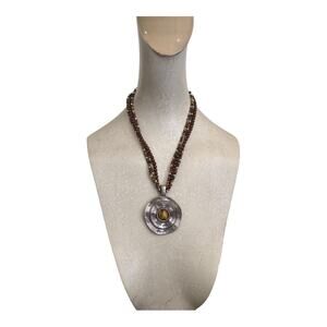 Vintage Premier Designs Eye Tiger Silver Tone Brown Beaded Medallion Necklace